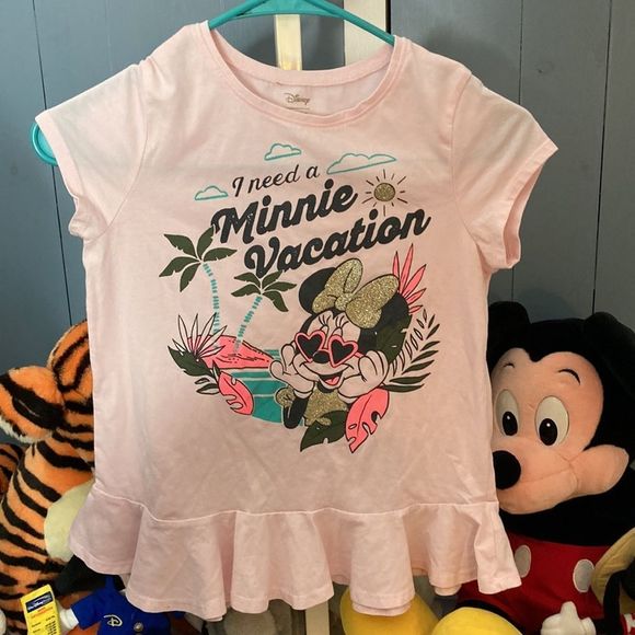 Disney Other - Minnie Mouse Vacation Pink Shirt Dress Girls 12 Glitter Tropical Short Sleeves